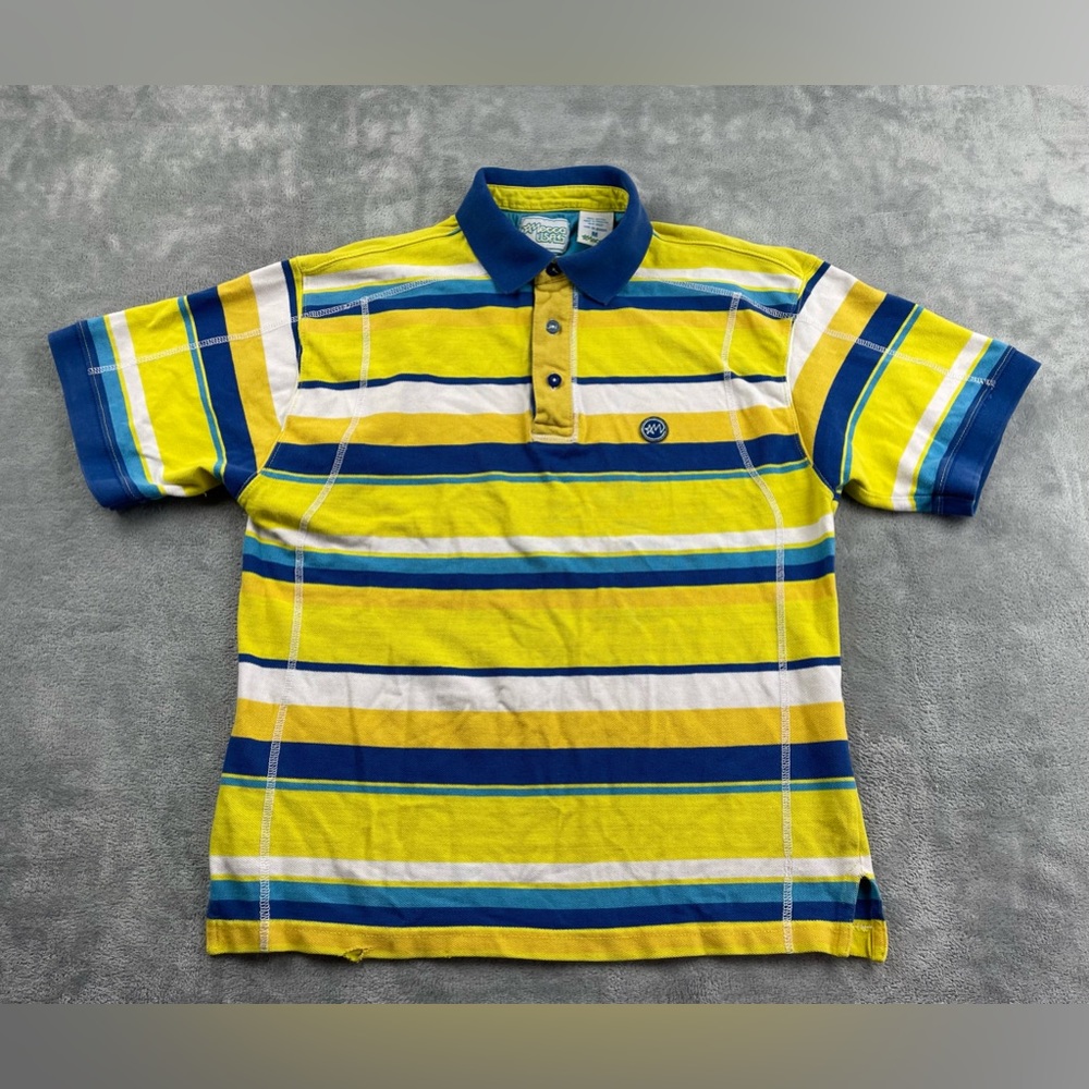 vintage Mecca USA Polo Shirt Mens Medium yellow blue white stripes •hole•